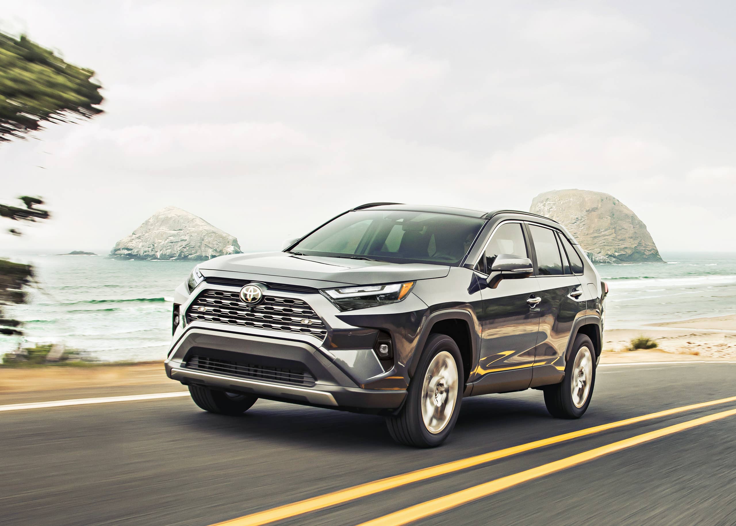Серый Toyota RAV4 на прибрежной дороге